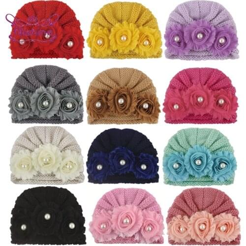 Nishine 1 PCS Solid Color Striped Knitting Wool Infant Hats Fashion Handmade Flowers Baby Caps Kids Accessories Birthday Gifts