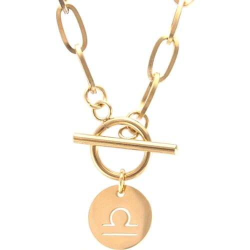 Stainless Steel Zodiac Sign Necklace 12 Constellation Pendant Charm Women Gold Toggle clasp cable Chain Necklace Jewelry Gift