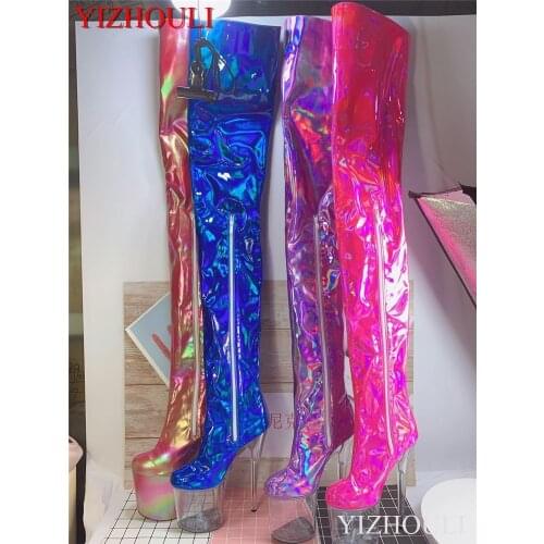 Pole dancing boots, color changing material over knee boots, custom 15-17-20 cm thin with model stage high heels, dancing shoes