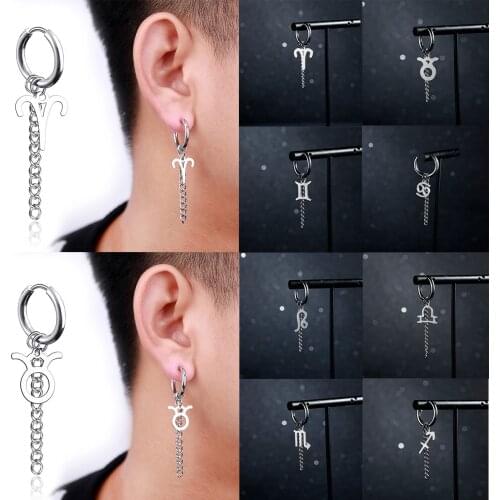 New Fashion Stainless Steel Twelve Constellation Circle Chain Drop Earring For Men Piercing Jewelry Aries Leo