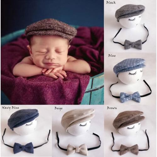 Baby Newborn Peaked Beanie Cap Hat Bow Tie Photo Photography Prop Infant Boy Caps