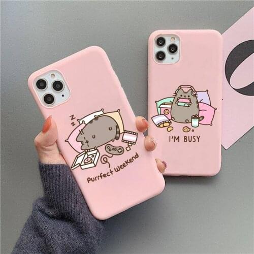 Cute Cartoon Cat Pusheens Phone Case For iphone 12 11 Pro Max Mini XS 8 7 6 6S Plus X SE 2020 XR Matte Candy Pink Silicone cover