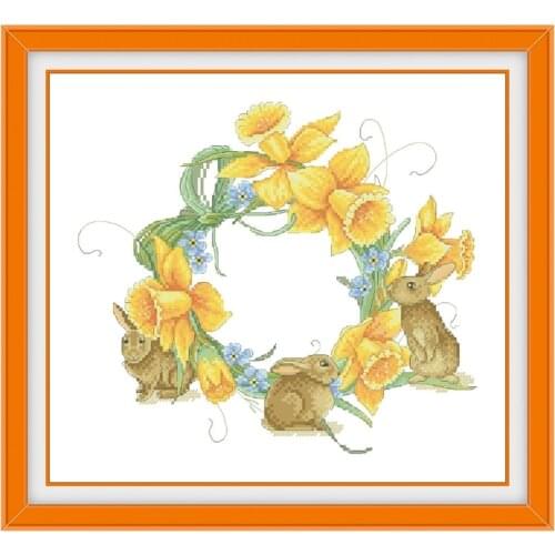Dreampattern Spring daffodil bunny wreath cross stitch kits flower pattern design 18ct 14ct 11ct unprint canvas embroidery DIY