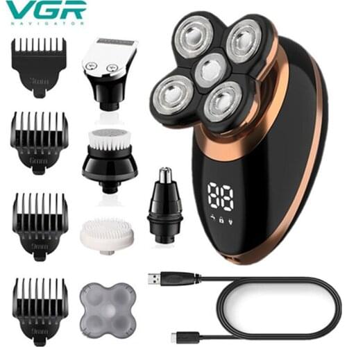 VGR 5 in 1 Washable Electric Shaver for Men Beard Hair Trimmer Razor Rechargeable Bald Shaving Machine LCD Display Grooming Kit