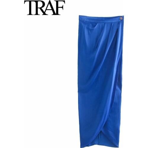 TRAF Women Fashion Satin Blue Wrap Skirts Summer Office Lady High Waist Midi Pencil Skirt Mujer