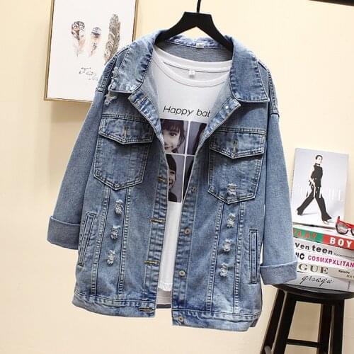 Loose Printing Women Jean Jacket Spring Autumn Fashion Beaded Big Size Denim Coat Chic Turn-Down Collar High Street Outerwear