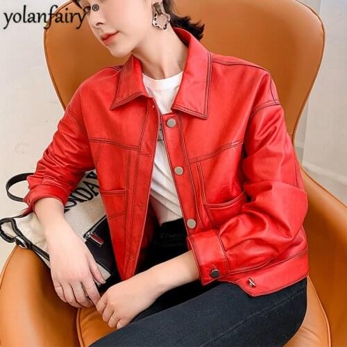 2020 Short Real Leather Jacket Women Red Sheepskin Leather Jacket Korean Casual Coat Spring Autumn Cuero Genuino W971 Pph402