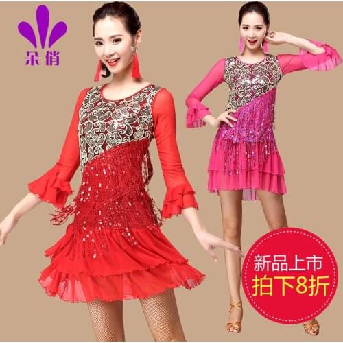 Lady Square Dance Clothes Plus Size Women Latin Dancing Tassel Dress Female Rumba Samba Dance Suit Promotion B-4348