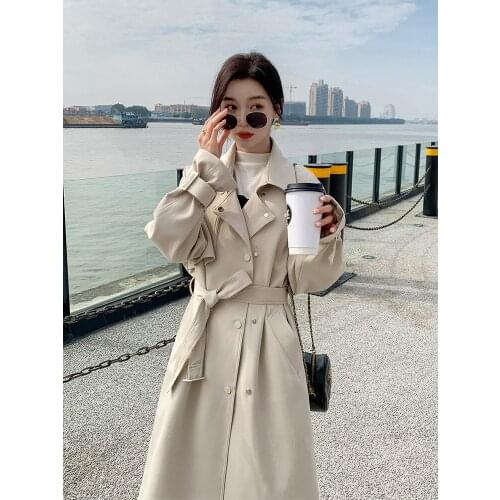 Womens Windbreaker Spring Autumn New Style Korean Fashion Loose Solid Color Wild Double-breasted Long-sleeved Female Coat 073