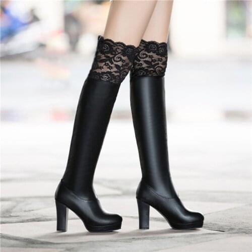 Big Size 11 12 13 Womens chunky mid-heel fashion round toe thermal over-the-knee boots fashion boots lace