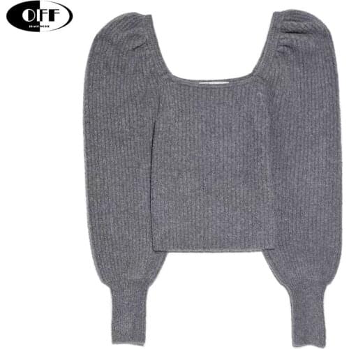 Casual women knit tops autumn sweater solid Lantern long sleeve square collar gray knitting pullover top clothes high quality ZA