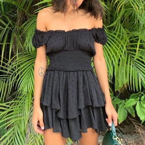 MosiMolly Off Shoulder Pom Pom Dress Women Ruffle Irregular Hem Mini Dress 2021 Summer Dress