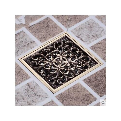 10*10cm Europe Vintage Artistic Brass Bathroom Square Shower Floor Drain /Shower Drain Strainer /Antique Brass Carved Flower