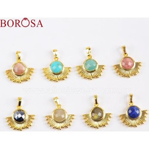 BOROSA 10PCS Gold Bezel Multi-kind Faceted Natural Gem Stone Pendant Beads Drusy Howlite Lapis Jewelry for Necklace WX1037