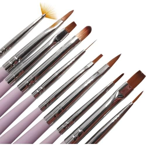 10Pcs UV Gel Manicure Nail Art Brush Liner Dotting Fan Design Acrylic Builder Flat Crystal Painting Drawing Carving Pen Tool