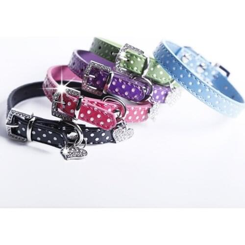 100pcs Polka Dot PU Leather Dog Collars Cute Puppy Collars With Heart Diamante 5 Colors 4 Sizes WA1824