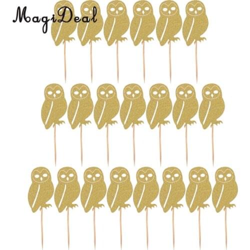 20/set Glitter Owl Animal Cake Cupcake Topper Picks Halloween Decor Prop Gold/Silver/Black