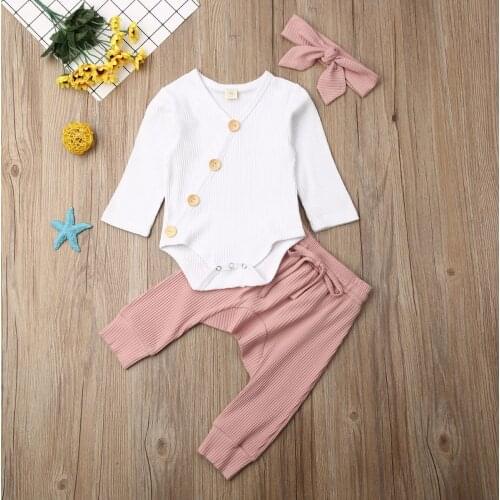 Toddler Baby 3PCS Outfit Solid Color Long Sleeve V-Neck Buttons Bodysuit Long Ribbed Elastic Band Pant Bow Hair Band Set