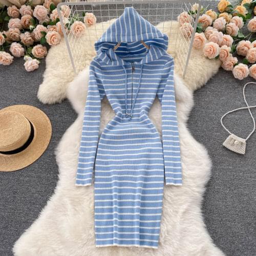 Croysier Womens Long Sleeve Hooded Knitted Striped Dresses For Women 2021 Autumn Winter Casual Sweater Dress Woman Clothes