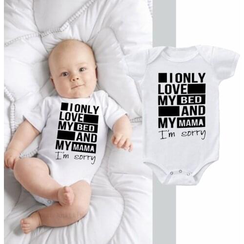 DERMSPE Baby Short Sleeve Cotton Jumpsuit Cartoon Print I Only Love My Bed And My Mama Girl Boy Rompers Newborn Baby Clothes