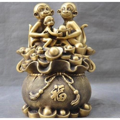 China brass Feng Shui wealth Ingots ruyi Money bag 3 monkey Zodiac animal statue