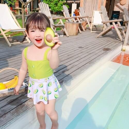 2021 Meihuida Baby Girl Swimsuit Avocado Printed Sling Vest No-Sleeve Beach Romper, Summer High Waist Shirt with Swimming Hat