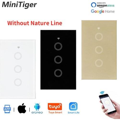 Minitiger US Standard Tuya APP Control Wifi Smart Wall Switch Automation Wireless Glass Panel 3 Gang 1 Way Single Fire Line Swit