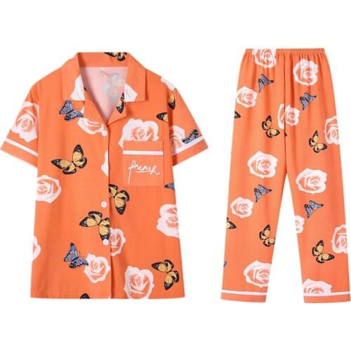 2021 new spring summer ladies pajamas short-sleeved trousers imitation cotton cardigan Korean sweet loose home service suit