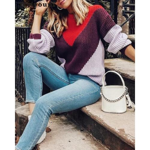 Yiyiyouni Autumn Winter Color Patchwork Knitted Sweaters Women Oversized Casual Pullovers Women Long Sleeve Loose Sweater Tops