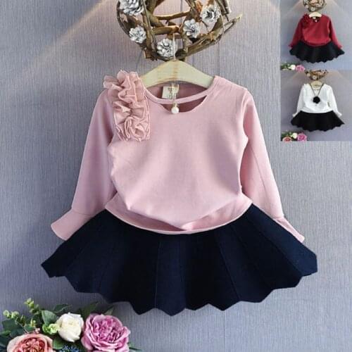 2019 Autumn Kids Clothes Girls High Quality Embroidered Flare Sleeves Shirts + Fashion Black Skirts 2PCS Suitable For Party