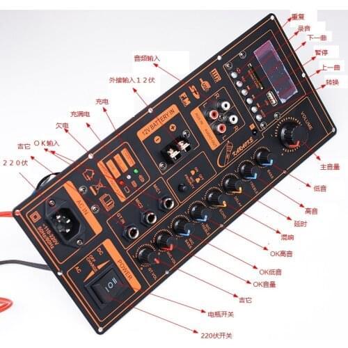 12V Battery 220V High Power Square Dance Bluetooth-compatible Power Amplifier Board Portable Trolley Mobile Speaker Power Amplif