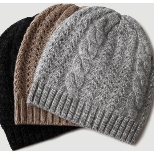 Pure cashmere hat, knitted woolen hat, hollow cable flower, new autumn and winter warmth, dome curling, Inner Mongolia