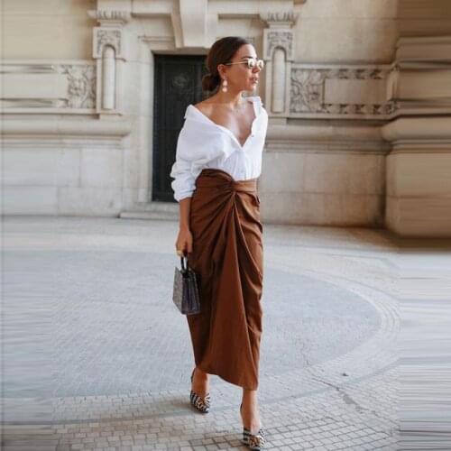 Khaki Skirts Women Faldas High Waist Pleated Womans Straight Skirt Plus Size Elastic Elegant Ladies Jupe Skirts