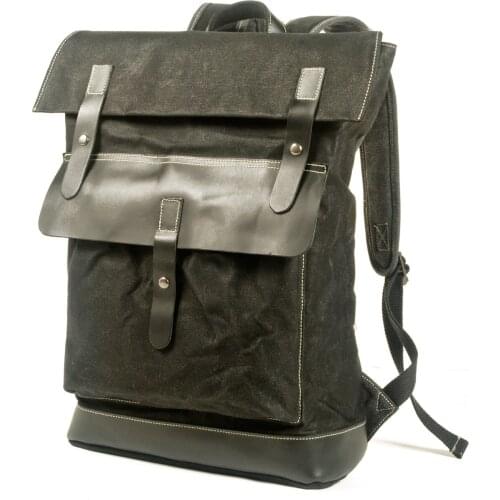 In stock waxed canvas with cowhide backpack laptop bag waterproof mens outdoor hiking backpack