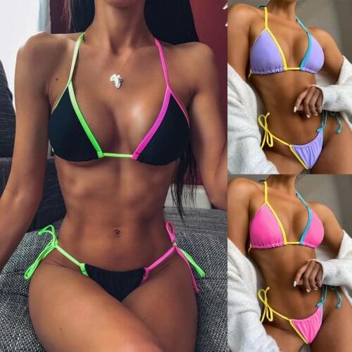 Patchwork Two Piece Swimwear Women Candy Color Block Halter Bikini Sexy Triangle Cup Lace Up Tankini Sets Swimsuits