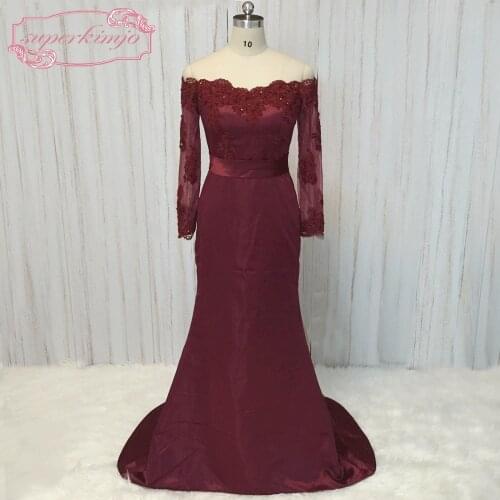 SuperKimJo 2020 Long Sleeve Mermaid Evening Dresses for Women Burgundy Lace Applique Beaded Evening Gown Vestido De Festa