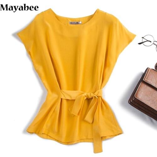 Silk Blouse Women Spring New Style 2021 Young Mulberry Silk Short-Sleeved Shirt Bright Yellow Shirt Women