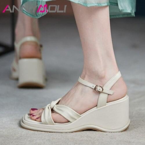 ANNYMOLI Shoes Women Real Leather Sandals Wedges High Heel Sandals Pleated Square Toe Cow Leather Ladies Footwear Summer Beige