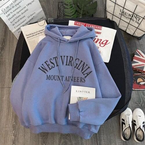 Womens Sweatshirt Letter Print Winter Velvet Thick Hooded Sweatshirt Pullover Harajuku Loose Wild Long-Sleeved Korean Hoodie