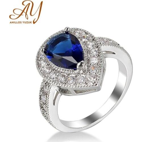 Anillos Yuzuk Luxury Water Drop Blue Created Sapphire Rings Real 925 Sterling Silver Wedding Band Rings For Women Fine Jewelry