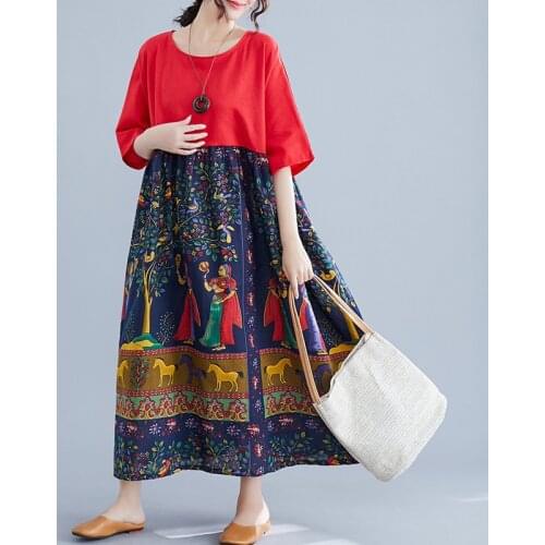 Johnature Summer 2021 New Vintage Women Dress Loose O-neck Short Sleeve Pockets Print Comfortable Korean Plus Size Flower Dress