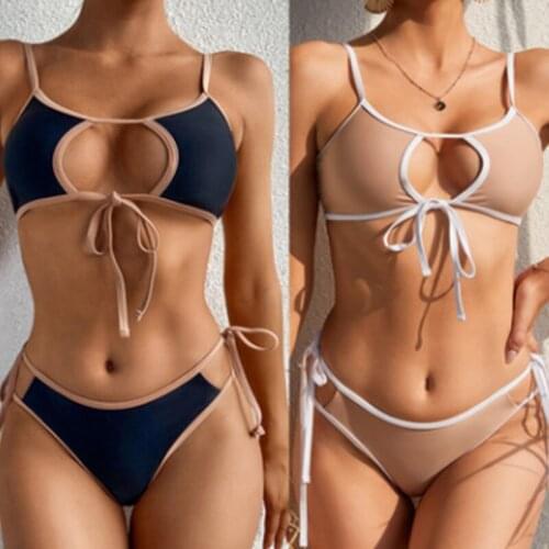 2021 fashion new strap stitching ladies swimsuit bikini swimsuit women solid beach swimsuit