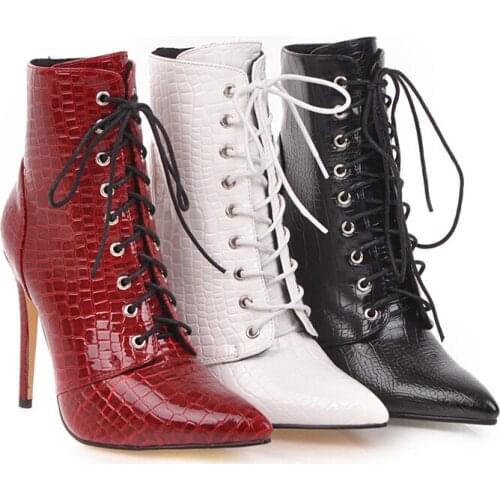 2021 New Plus Size Luxury Women White Red Boots 10cm High Heels Booties Fetish Striptease Print Ankle Boots Pointy Lace Up Shoes