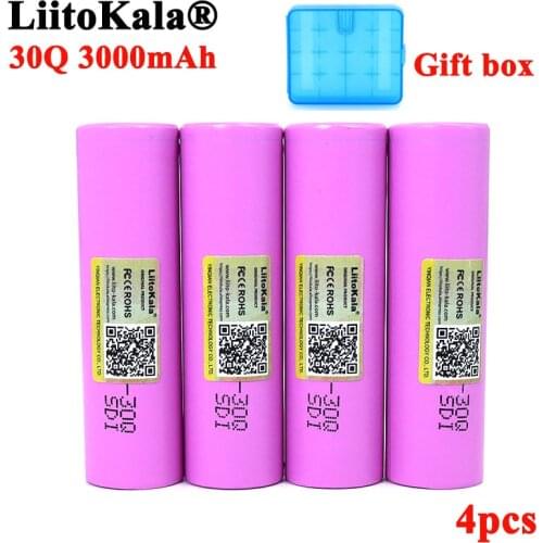 4pcs LiitoKala New 30Q 18650 3000mAh Rechargeable battery INR1865030q 3.6V discharge 20A Max 35A Power batteries with BOX