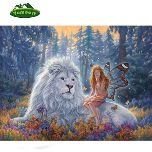 Needlework Animal Full Square Drill Diamond Painting Diy Cross Stitch Diamond Embroidery Mosaic Black And White Lion Fairy Girl