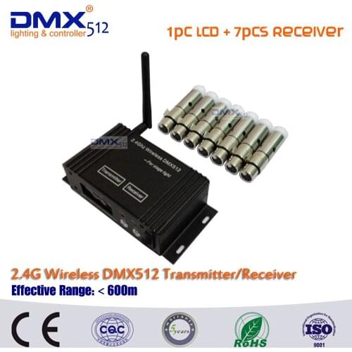 DHL Free Shipping DMX512 wireless 1pcs LCD Display cable transceiver+7pcs mini receiver 2.4GHz XLR in stage Lightning effect