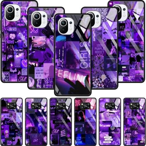 Tempered Glass Phone Case For Xiaomi Poco X3 NFC 10T 11 Pro Lite 11 Ultra F3 M2 11i Note 10 lite Shell Purple Love Aesthetic Art