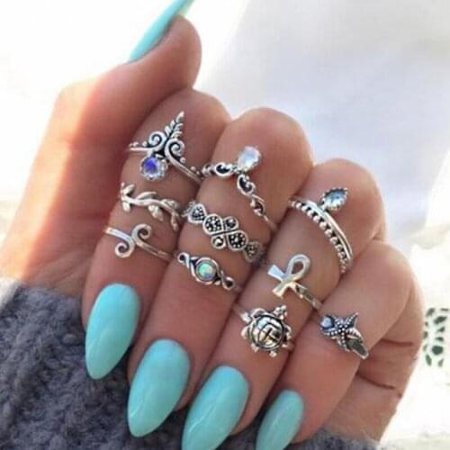 Boho Rings Set Bohemian 10 Pcs/ Set Midi Rings For Women Fashion Jewelry Vintage Flower Turkish Punk Elephant Knuckle Ring Gift