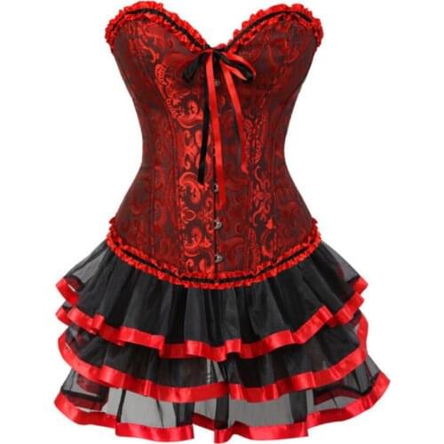 Floral Lace Up Corsets And Bustiers Women Lingerie Overbust Corset And Skirt Set Tutu Plus Size Burlesque Sexy Corset Dress