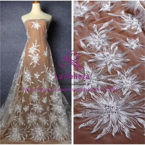 La Belleza Off white clear squins polyester on net embroidery wedding dress lace fabric 1 yard 51" width
